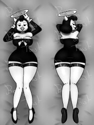 2024 2d 2d_(artwork) 2d_artwork alice_angel beanontoast bendy_and_the_ink_machine big_breasts black_dress black_hair female halo high_heels horns love_pillow pillow pinup_pose thick_hips thick_thighs white_body