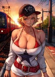 1girls ai_generated alice_garnet_nakata alternate_breast_size baseball_cap belt big_breasts bikini_top bikini_under_clothes blonde_hair breasts cleavage exposed_shoulders female female_only graphic_tee huge_breasts king_of_fighters king_of_fighters_xiv long_sleeves looking_away loose_clothes loose_shirt messy_hair off_shoulder pants shirt short_hair shorts smile solo solo_female stable_diffusion star sweater tampopo train train_station white_shorts