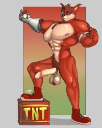 abs activision anthro armpit_hair balls bandicoot biceps big_muscles big_pecs big_penis body_hair bottomless clothed clothing crash_(series) crunch_bandicoot cybernetic_arm cybernetic_limb cybernetics erection exposure_variation eyebrows facial_hair food footwear footwear_only fruit genitals gesture glans gradient_background hand_gesture hi_res holding_food holding_object huge_pecs krowbutt looking_at_viewer machine male male_only mammal marsupial mostly_nude muscular muscular_anthro muscular_male muscular_thighs nipples pecs penis plant pointing pubes raised_eyebrow saggy_balls shoes shoes_only simple_background solo tnt_crate topless wumpa_fruit