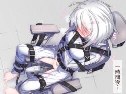 arms_under_breasts barcode barcode_tattoo barefoot belt belt_buckle bondage bound bound_arms bound_legs breasts buckle chair female highres looking_down medium_breasts menou_74 original restrained sex_machine short_hair sounding stationary_restraints straitjacket tattoo translation_request urethral_insertion variant_set white_hair