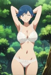 ai_generated arms_behind_head blue_eyes bra collarbone forest forest_background gastkeser82 mature_female milf navel one_eye_closed original panties pokemon stomach tree voluptuous white_bra white_panties wide_hips wink winking