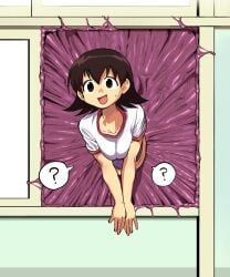 azumanga_daiou brown_eyes brown_hair guro imminent_death mayo mayo_(artist) question_mark shirt stuck stuck_in_wall sweatdrop tomo_takino tongue_out white_and_red_shirt