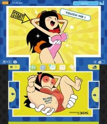 black_hair dog_ears dog_tail girl_(rhythm_heaven_fever) gosgoz grabbing_another's_breast grabbing_ass grabbing_breasts long_hair looking_at_viewer nintendo_3ds red_neckwear rhythm_heaven rhythm_heaven_fever text wink