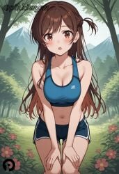 :o ai_generated bare_arms bare_shoulders blue_shorts blush breasts brown_eyes brown_hair cleavage collarbone crop_top dolphin_shorts female flower forest hands_on_own_knees hands_on_own_thighs kanojo_okarishimasu large_breasts leaning_forward long_hair looking_at_viewer medium_breasts midriff mizuhara_chizuru nature navel one_side_up open_mouth outdoors pikkiwynn short_shorts shorts sleeveless solo sports_bra standing stomach thighs tree very_long_hair
