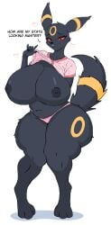 big_ass big_breasts big_butt breasts clothing florida_man huge_ass huge_breasts nipples panties pokemon pokemon_(species) pussy shirt shirt_lift tail thick_legs thick_thighs umbreon underwear white_background wide_hips