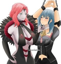 2girls arms_up black_nails blue_eyes bondage bound breasts bridal_gauntlets byleth_(fire_emblem) byleth_(fire_emblem)_(female) caress caressing_face center_opening chains cleavage cleobulus_(fire_emblem) dress female female_only femdom femsub fire_emblem fire_emblem:_three_houses frown genm7 green_eyes grin hand_on_another's_chin hand_on_another's_face huge_breasts large_breasts medium_hair multiple_girls nail_polish nintendo orange_hair restrained side_slit sideboob smile smirk teal_hair white_background yuri