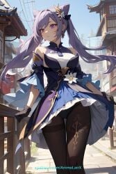 ai_generated anime bare_shoulders breasts cute female genshin_impact girl keqing_(genshin_impact) medium_breasts piercing_thunderbolt purple_eyes purple_hair solo underpants