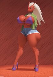 1girls ai_generated anthro ass_implants big_thighs blaziken blue_eyes cave chicken_girl enormous_breasts fake_breasts game_freak generation_3_pokemon high_heels huge_breasts jacket jeans_shorts long_legs mane massive_breasts nintendo orange_background plastic pokemon pokemon_(species) pokemon_rse shorts silicone_implants simple_background solo solo_female thight_clothing thong_straps yellow_mane yellow_sclera