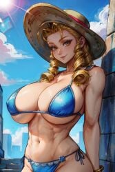 1girls abs ai_generated antenna_hair antennae arms_down bikini blonde_hair braid cleavage female female_only forelocks hat huge_breasts karin_kanzuki long_hair looking_at_viewer midriff navel nipple_bulge orange_eyes outdoors outside ringlets side-tie_bikini sideboob solo solo_female stable_diffusion standing street_fighter street_fighter_alpha street_fighter_v sun_hat sunhat tampopo toned toned_female underboob undressed yellow_eyes