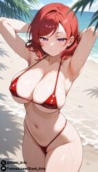 ai_generated beach cleavage covered_nipples covered_pussy gumi_arts huge_breasts love_live! love_live!_school_idol_project micro_bikini naughty_face nishikino_maki oiled outdoors purple_eyes red_hair stable_diffusion thick_thighs
