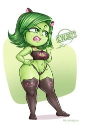 1girls alternate_costume bell boob_window cat_cutout disgust_(inside_out) disgusted fake_animal_ears feet full_body green_eyes green_hair green_skin inside_out large_breasts open_mouth riukykappa speech_bubble teeth thighhighs