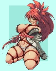 1girls baiken big_breasts bondage bondage clothing guilty_gear kneeling long_hair lonya red_eyes red_hair rope_bondage thick_thighs