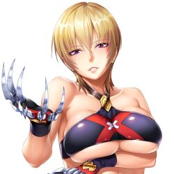 arm_under_breasts bandeau bare_shoulders big_breasts blonde_hair blue_eyes breast_lift color eyebrows_visible_through_hair female female_focus female_only game_cg hair_between_eyes head_tilt looking_at_viewer metal_claws no.16_sonia nobushito_kuro short_hair skimpy skimpy_clothes skindentation smile smiling smiling_at_viewer sonia_(taimanin_asagi) taimanin_(series) taimanin_rpgx tight_bra underboob white_background