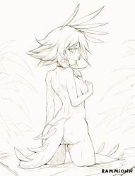 covering_breasts hair_ornament hand_on_breast league_of_legends lizard_girl looking_at_viewer looking_back monochrome naked neeko rammionn tail