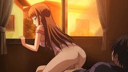 1boy 1girls animated ass brown_hair censored kanou_karen looking_back mosaic_censoring no_panties penis pussy reverse_cowgirl_position sex sky top uhou_renka vaginal_penetration window