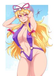 1girls big_breasts blonde_hair blush cowboy_shot female hair_bows hand_on_head hands_behind_head hat_ribbon long_hair mob_cap o-ring o-ring_swimsuit purple_swimsuit slingshot_swimsuit swimsuit tobyllitos touhou yukari_yakumo