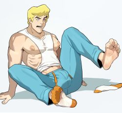 1boy abs barefoot bulge feet foot_fetish fred_jones male_focus male_only muscular muscular_male pajamas pecs scooby-doo slimy-tablet socks solo solo_male toe_curl toes