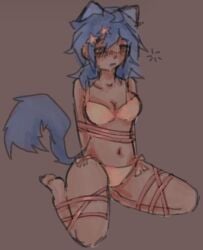 blue_hair bra breasts cat_ears cat_tail fanart panties sleepy superiormari tied_up