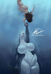 2futas anthro anthro_on_human carlosdlimaart furry futanari holding_hands intersex jaws_(film) nude parody shark shark_futa shark_humanoid shark_tail size_difference swimming tagme underwater