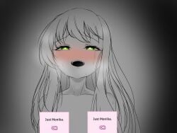 bare_shoulders blush blush_lines collarbone doki_doki_literature_club green_eyes heart-shaped_pupils long_hair mhmundead miham_moni monika_(doki_doki_literature_club) mouth_open oham_yuri open_mouth