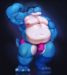 2015 3_toes anthro black_background blue_body blue_eyes blue_hair blue_skin bulge clothed clothing cyan_yoshi detailed_bulge dinosaur eyewear feet flexing flexing_bicep front_view glasses hackel hackelrex hair hybrid krokodainer male mario_bros moobs mostly_nude multicolored_body multicolored_skin musclegut muscular muscular_arms nails navel nintendo nipples overweight overweight_anthro overweight_male pink_clothing pink_underwear prehistoric_species red_nipples reflection reflective_floor reptile scalie short_tail simple_background solo standing tail theropod toenails toes two_tone_body two_tone_skin tyrannosaurid tyrannosauroid tyrannosaurus tyrannosaurus_rex underwear underwear_only white_body white_skin yoshi