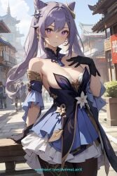 ai_generated anime bare_shoulders breasts cute female genshin_impact girl keqing_(genshin_impact) medium_breasts piercing_thunderbolt purple_eyes purple_hair solo