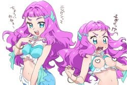 :d blue_eyes blush bracelet breasts censored commentary cure_la_mer dntks female fins head_fins heart heart_censor jewelry laura_(precure) laura_la_mer laura_la_mer_(mermaid) long_hair looking_at_viewer medium_breasts mermaid midriff monster_girl multiple_views navel open_mouth pink_hair precure pretty_cure simple_background smile teeth translated tropical-rouge!_precure upper_teeth_only white_background