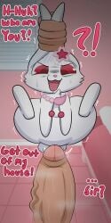 1girls ?! bed bedroom big_penis big_thighs bunny cock_shock critter_catcher detailed_background dialogue dick_vein disembodied_hand ear_grab english_text feral holding_ears huge_cock imminent_sex jewelpet lagomorph long_ears neck_tuft necklace rabbit rabbit_ears red_eyes ruby_(jewelpet) sanrio sega_toys sweating sweaty_genitalia veiny_penis white_body white_fur wide_hips