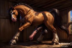 ai_generated feral horse horsecock huge_balls huge_cock precum reviloarts stable tail watermark