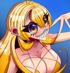 angry8ball big_breasts bikini blonde_female blonde_hair colorful colorful_eyes crazy_eyes female stiched_mouth stiches straps yellow_bikini yellow_hair