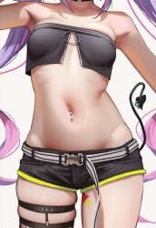 1girls ai_generated armpits belly black_shirt close-up crop_top female holoforce hololive hololive_japan medium_breasts navel navel_piercing purple_hair thigh_squish thigh_strap thighs tokoyami_towa twintails virtual_youtuber