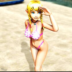 1girls 3d arm_behind_back arm_up armpits big_breasts bikini blonde_hair blue_eyes busty cleavage female female_only heart_print hi_res hyrule_warriors large_breasts legs linkle navel nintendo pose posing princess short_hair smile solo the_legend_of_zelda thighs thong_bikini twin_braids virtualblueam2 voluptuous white_bikini