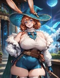 absurd_res absurdres ai_generated aurora_(league_of_legends) blue_eyes blue_shorts bunny_ears detailed detailed_background earring female freckles freckles_on_face furry_female ginger_hair glasses high_resolution highres league_of_legends orange_hair rabbit_ears red_head riot_games rope_belt smokeye thick_thighs vastaya voluptuous voluptuous_female white_sweater wide_hips witch_hat
