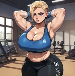 1girls ai_generated alternate_costume big_breasts blonde_hair blue_eyes cassie_cage cleavage curvaceous curvy_female eyeshadow female female_focus female_only gym gym_clothes hands_behind_head large_breasts light-skinned_female light_skin midriff midriff_showing mortal_kombat mortal_kombat_x muscular_arms netherrealm_studios smogai sports_bra sportswear standing sweat thick thick_thighs voluptuous voluptuous_female weight_bench wide_hips