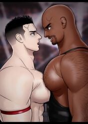 10s 2017 2boys bald bara beard black_hair blurry_background chest_hair chest_to_chest dark_skin hairy_arms kensuke_(yhs8) male male_only muscular original pale_skin tagme tank_top vein wrestling wrestling_ring
