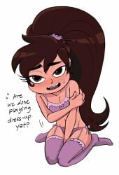 blush c2ndy2c1d_(artist) covering_breasts crossdressing disney embarrassed embarrassed_nude_femboy femboy femboysub feminine_male feminization latino_male lingerie lingerie_only marco_diaz ponytail princess_marco princess_turdina star_vs_the_forces_of_evil submissive_male thighs