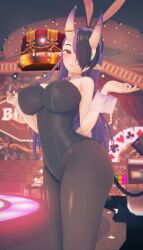 1girls 3d ass big_ass big_breasts black_hair bowtie bunny_ears bunnysuit captain_hannah casino cuffs_(clothing) deluxe_rosie demon demon_girl demon_horns demon_tail female female_only fully_clothed hair_over_one_eye hips horns hourglass_figure indie_virtual_youtuber jewelry large_breasts light-skinned_female light_skin long_hair multicolored_hair pantyhose pointy_ears purple_hair red_eyes smile solo solo_female tail thick_thighs thighs tight_clothing virtual_youtuber wide_hips