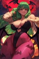 1girls ai_generated bangs bats big_breasts black_leotard breasts child_bearing_hips cleavage covered_navel cutout darkstalkers detached_sleeves exposed_shoulders feather-trimmed_sleeves female female_only from_below fur-trimmed_leotard green_eyes green_hair heart_cutout horror_(theme) huge_breasts huge_thighs leotard long_hair looking_at_viewer low_wings morrigan morrigan_aensland parted_lips red_background red_sky sleeveless sleeveless_leotard smile solo solo_female stable_diffusion standing succubus tampopo teal_hair thick_thighs tights tower wide_hips wings wings_on_head