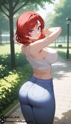 ai_generated ass covered_nipples from_behind gumi_arts huge_breasts jeans looking_at_viewer looking_back love_live! love_live!_school_idol_project nishikino_maki outdoors park purple_eyes red_hair stable_diffusion tank_top thick_thighs tight_clothing