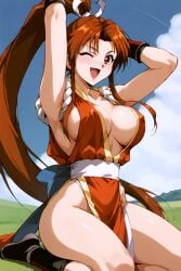 1990s_(style) 1girls ai_generated aindroidparanoid big_breasts blush blushing_at_viewer breasts brown_eyes brown_hair erect_nipples erect_nipples_under_clothes fatal_fury female female_focus female_only field_background hair_ribbon high_resolution highres huge_breasts king_of_fighters kunoichi light-skinned_female long_hair looking_at_viewer mai_shiranui no_bra perky_breasts ponytail revealing_clothes shiny_skin smiling snk soft_breasts solo solo_female solo_focus
