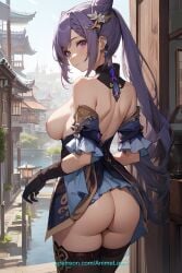 ai_generated anime bare_shoulders breasts cute female genshin_impact girl keqing_(genshin_impact) medium_breasts nipples piercing_thunderbolt purple_eyes purple_hair solo underpants