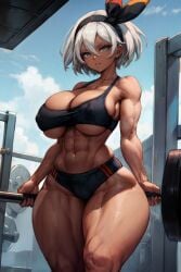 1girls abs ai_generated alternate_breast_size bea_(pokemon) big_breasts breasts bursting_breasts child_bearing_hips cleavage covered_nipples dark-skinned_female dark_skin dimples_of_venus facing_viewer female female_only gray_eyes gray_hair grey_eyes grey_hair gym headband huge_breasts huge_thighs human human_characters_in_pokémon human_only indoors inside large_breasts looking_at_viewer midriff muscular muscular_female muscular_thighs navel nipple_bulge panties parted_lips pokemon pokemon_ss short_hair sideboob silver_eyes silver_hair solo solo_female sports_bra stable_diffusion standing tampopo thick_thighs toned toned_female underboob weights white_hair wide_hips