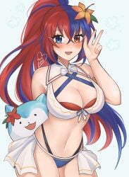 1girls alear_(female)_(fire_emblem) alear_(female)_(seaside_dragon)_(fire_emblem) alear_(fire_emblem) alternate_costume bikini blue_bikini blue_eyes blue_hair blue_swimsuit breasts character_ball cleavage criss-cross_halter crossed_bangs female female female_only fire_emblem fire_emblem_engage fire_emblem_heroes halterneck heterochromia highres large_breasts long_hair multicolored_bikini multicolored_clothes multicolored_hair multicolored_swimsuit nintendo official_alternate_costume official_alternate_hairstyle ponytail purrlucii red_bikini red_eyes red_hair red_swimsuit sommie_(fire_emblem) split-color_hair swimsuit two-tone_hair w white_bikini white_swimsuit