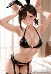 1girl ai_generated animal_ears areola_slip armpits arms_up bed bikini black_garter_belt black_hair black_thighhighs blush breasts chainsaw_man closed_mouth cowboy_shot fake_animal_ears garter_belt hair_ornament hairclip indoors kermixx kobeni_higashiyama looking_at_viewer medium_breasts mole navel rabbit_ears short_hair short_ponytail solo sweat swimsuit thighhighs wet