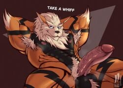 abs anthro arcanine armpit_hair balls body_hair foreskin generation_1_pokemon genitals hairy_balls hands_behind_head humanoid_genitalia iudicium86 male muscular musk musk_clouds nintendo nipples penis pokemon pokemon_(species) pubes retracted_foreskin solo_male