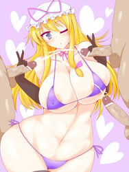 1girls 3boys areola_slip areolae bikini black_eyes black_gloves blonde_hair breasts censored cleavage cum curvy dark-skinned_male dark_skin ejaculation elbow_gloves erect_nipples female foursome gloved_handjob gloves handjob hat heart huge_breasts interracial light-skinned_female light_skin long_hair mmmf_foursome multiple_boys multiple_penises navel penis purple_bikini standing string_bikini swimsuit touhou wedge wide_hips wink yukari_yakumo