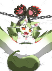 angry animal_ears ass breasts chains choker claws corset eyebrows fangs female gen'ei_wo_kakeru_taiyou green_hair imminent_rape large_breasts long_hair monster_girl nipples pussy red_eyes restrained ringed_eyes short_eyebrows tail tattoo thick_eyebrows tsukuyomi_luna