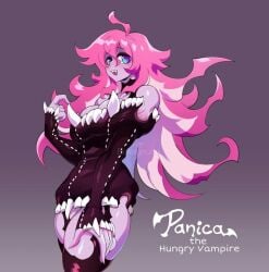 ahoge big_breasts black_clothes blue_eyes devil fangs long_hair oerba_yun_fang pink_hair purple_eyes thick_thighs thighs