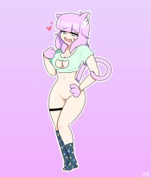 blue_eyes cat_ears cat_tail heart imxr24 leggings nude original_character paw_gloves pink_hair simple_background smug uncensored