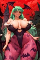 1girls ai_generated bangs bats big_breasts black_leotard breasts child_bearing_hips cleavage covered_navel cutout darkstalkers exposed_shoulders feather-trimmed_sleeves female female_only fur-trimmed_leotard green_eyes green_hair heart_cutout huge_breasts huge_thighs leotard long_hair looking_at_viewer low_wings morrigan morrigan_aensland parted_lips red_sky sleeveless sleeveless_leotard smile solo solo_female stable_diffusion standing succubus tampopo teal_hair thick_thighs tights tower wide_hips wings wings_on_head